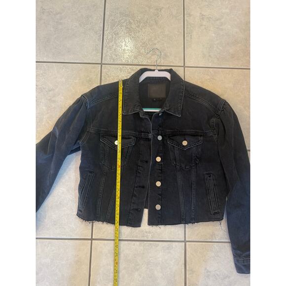 Paige Black Denim Cropped Jacket Sz S Raw Hem Button Up - Picture 4 of 4